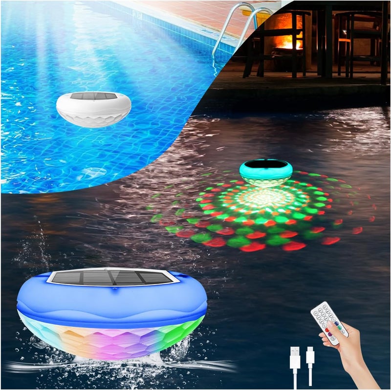 BOXPSII Solar Pool Lights, 2600mAh USB Rechargeable Floating Pool Lights, 6.7" IP68 Waterproof Solar Floating Light with Remote, RGB 13 Colors Upper and Lower Glow Hangable Light for Path, Hot Tubs 1 PCS - Image 1